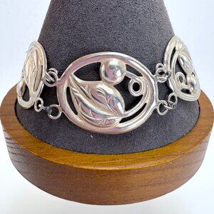 VTG Sterling Silver 925 Leaf Circle Link Chain Bracelet Size 8.25" Length